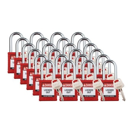 Brady Brady Safety Lockout Padlock, Keyed Different, 1-1/2in, Plastic/Steel, Red, 24/PK SDPL-RED-38ST-KD24